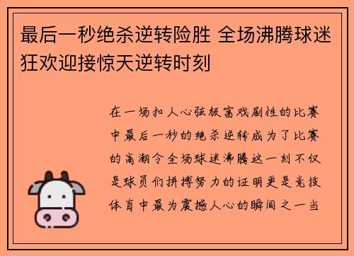 最后一秒绝杀逆转险胜 全场沸腾球迷狂欢迎接惊天逆转时刻