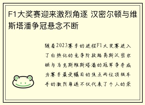 F1大奖赛迎来激烈角逐 汉密尔顿与维斯塔潘争冠悬念不断