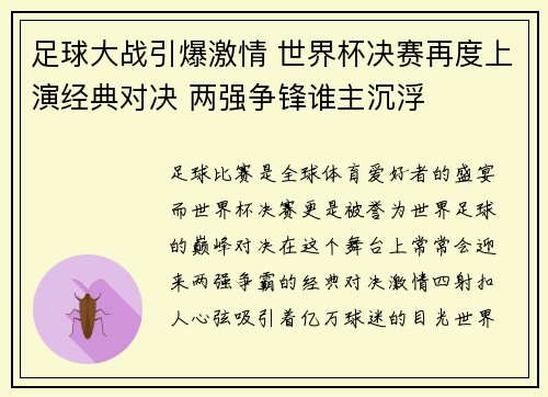 足球大战引爆激情 世界杯决赛再度上演经典对决 两强争锋谁主沉浮