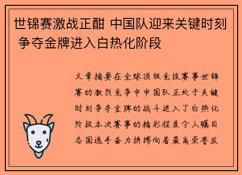 世锦赛激战正酣 中国队迎来关键时刻 争夺金牌进入白热化阶段